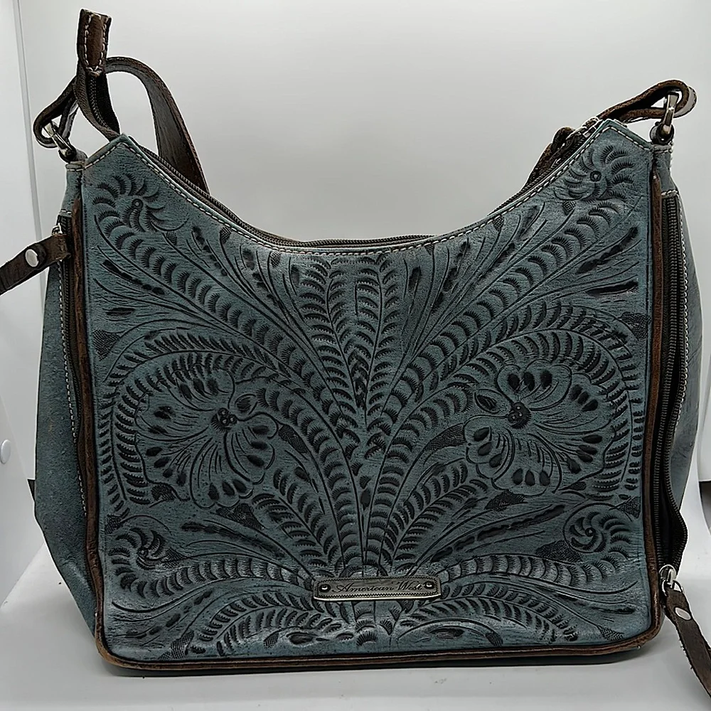 American West Gorgeous Light Blue/Brown Floral Leather Shoulder Bag Purse 🌸🌸 - Picture 2 of 14